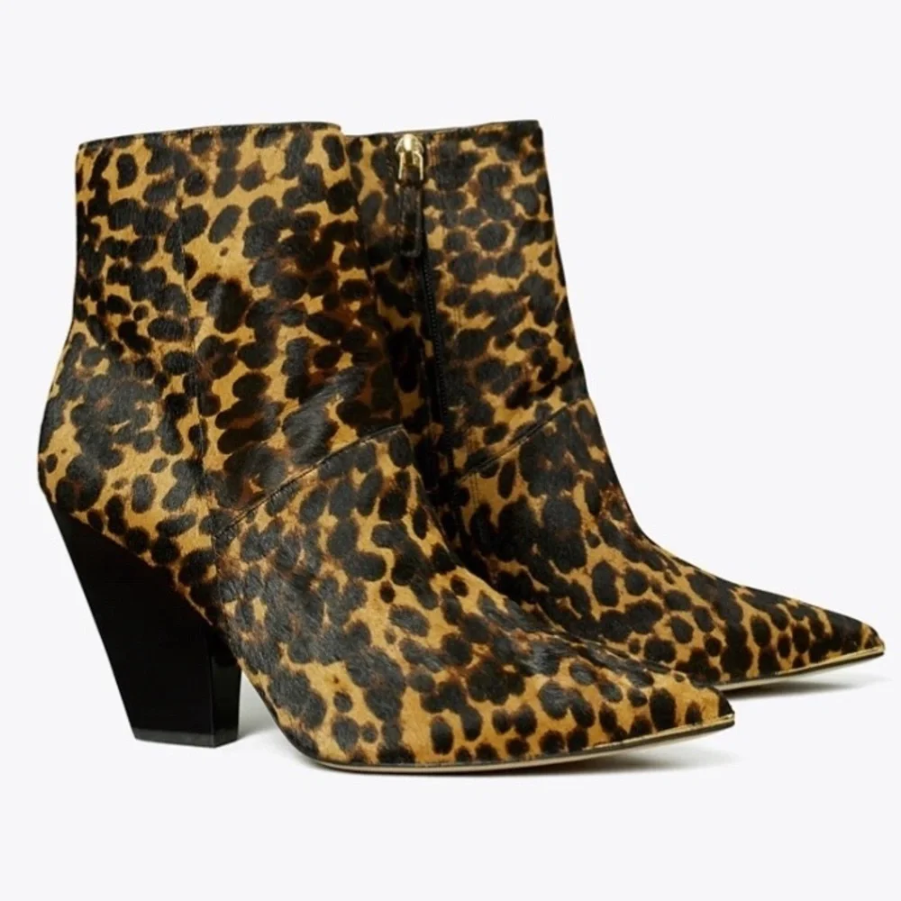 Tory Burch Lila Leopard Calf Hair Pointed Toe Ankle Boots Brown Black 7 Designer